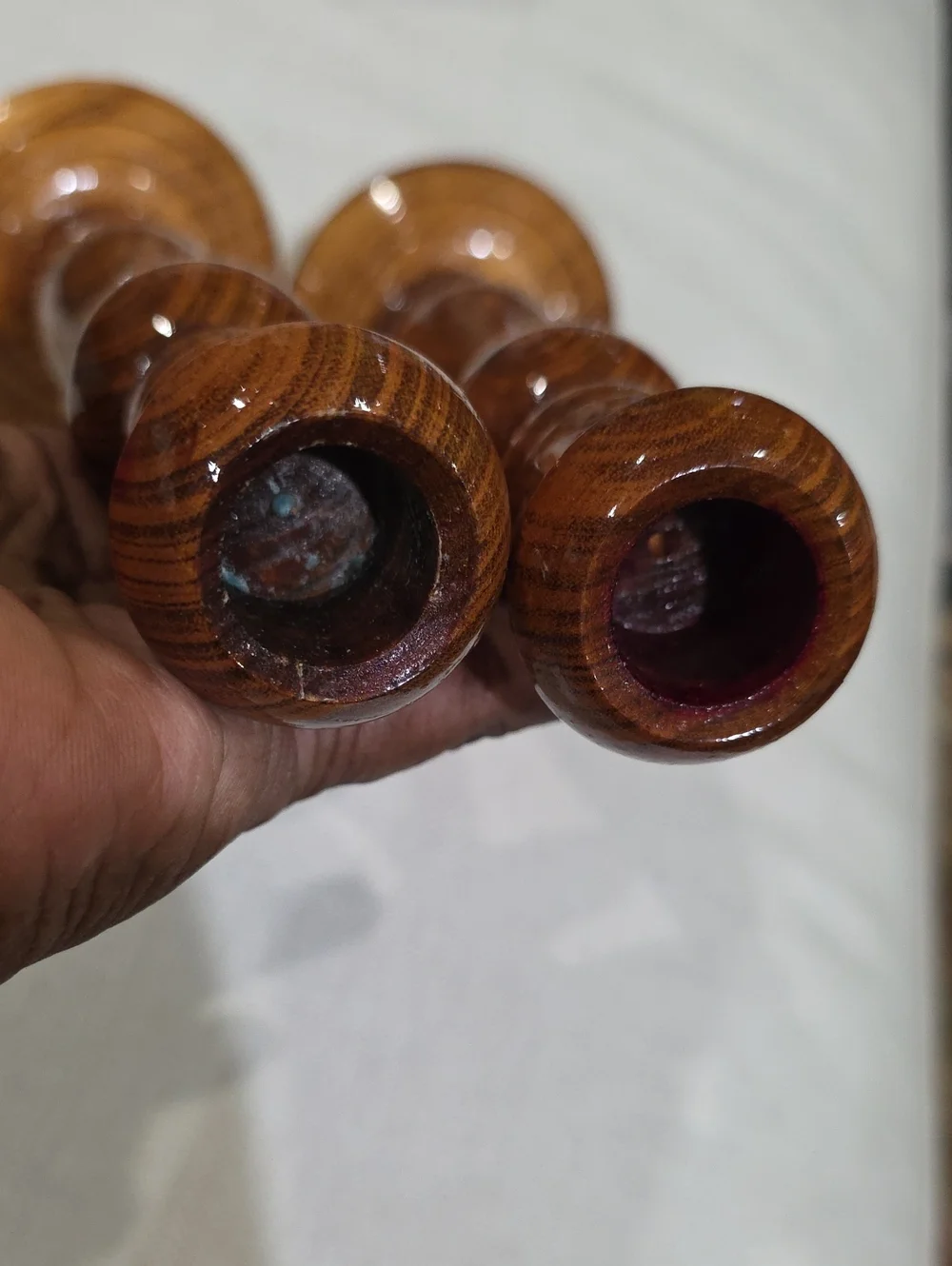 Polished Wood Turned Candlestick Pair - Brown